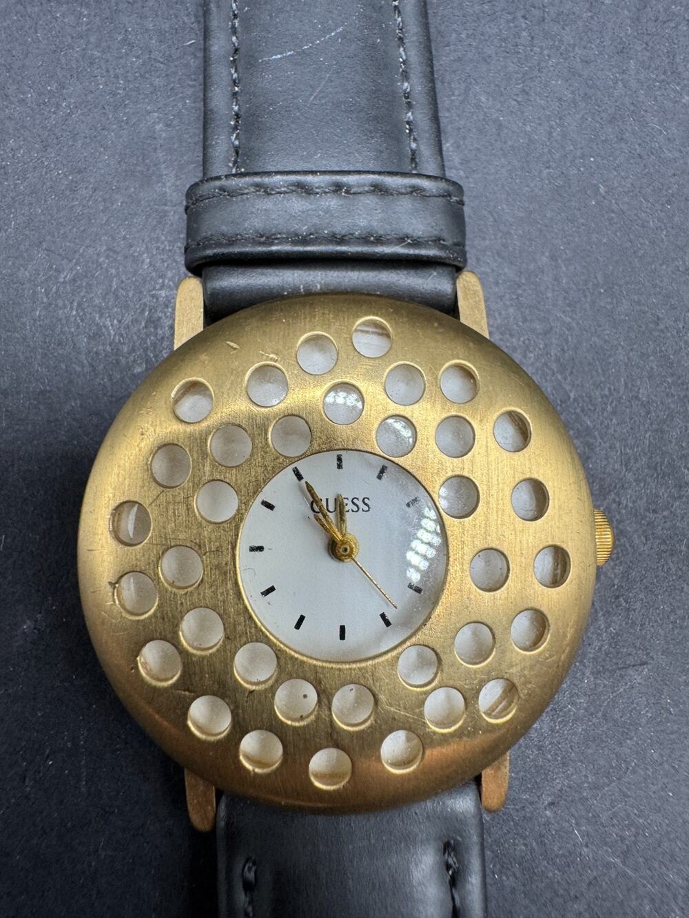 Guess Vintage Unisex Gold Tone Watch Circular Cutout Design Leather Strap 34mm